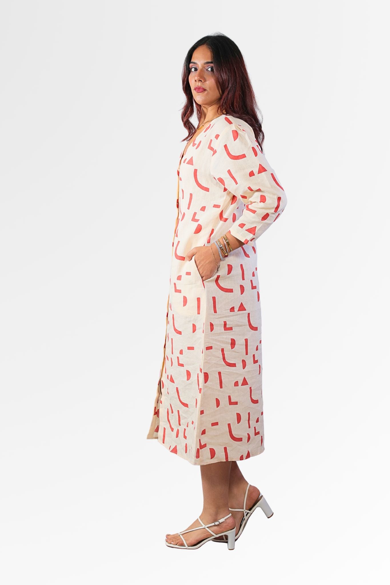 classic cream geometric printed Linen dress for women