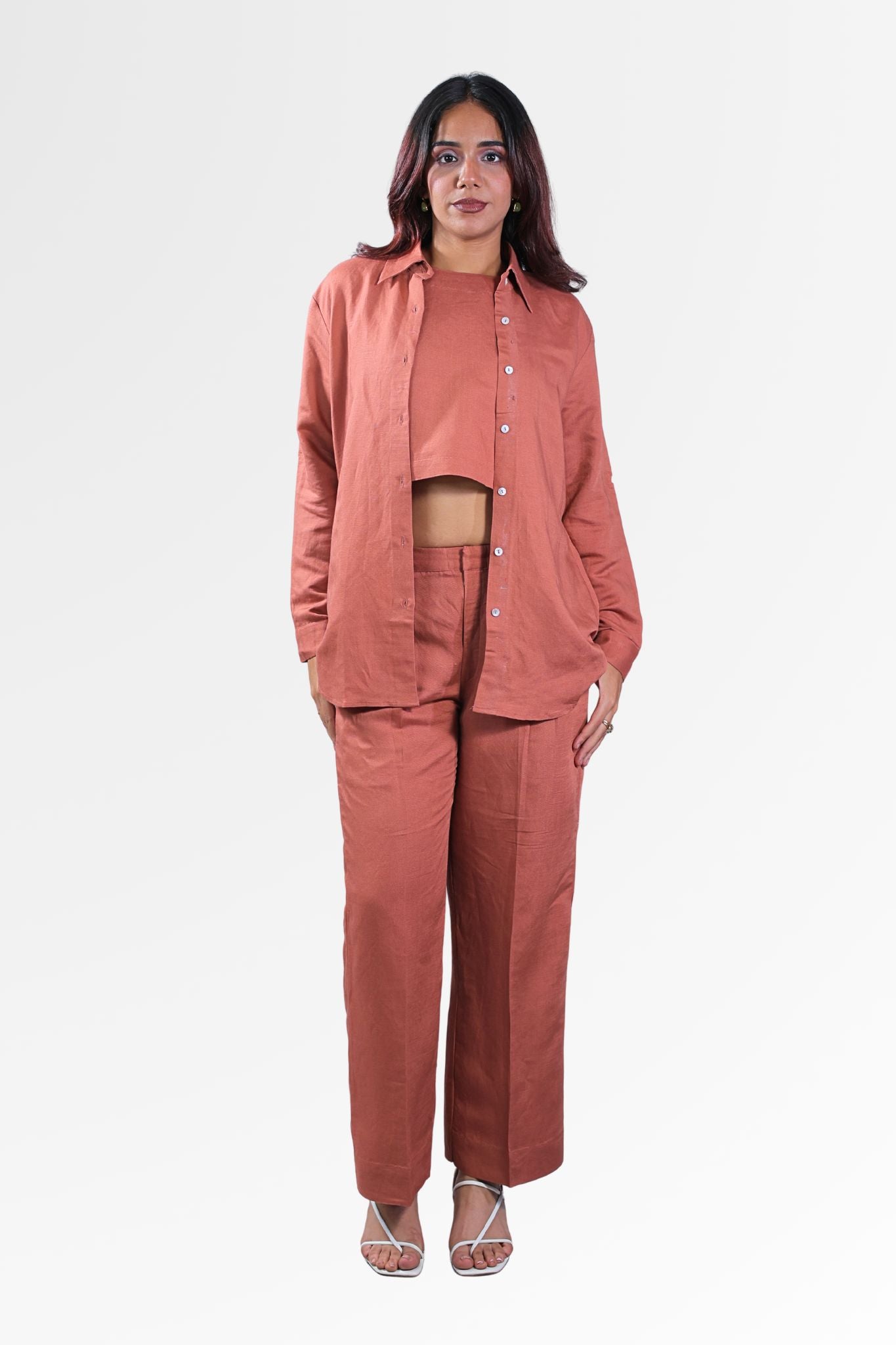 3-Piece Linen Co-Ord Set for Women | Relaxed Fit Shirt, Inner & Pants