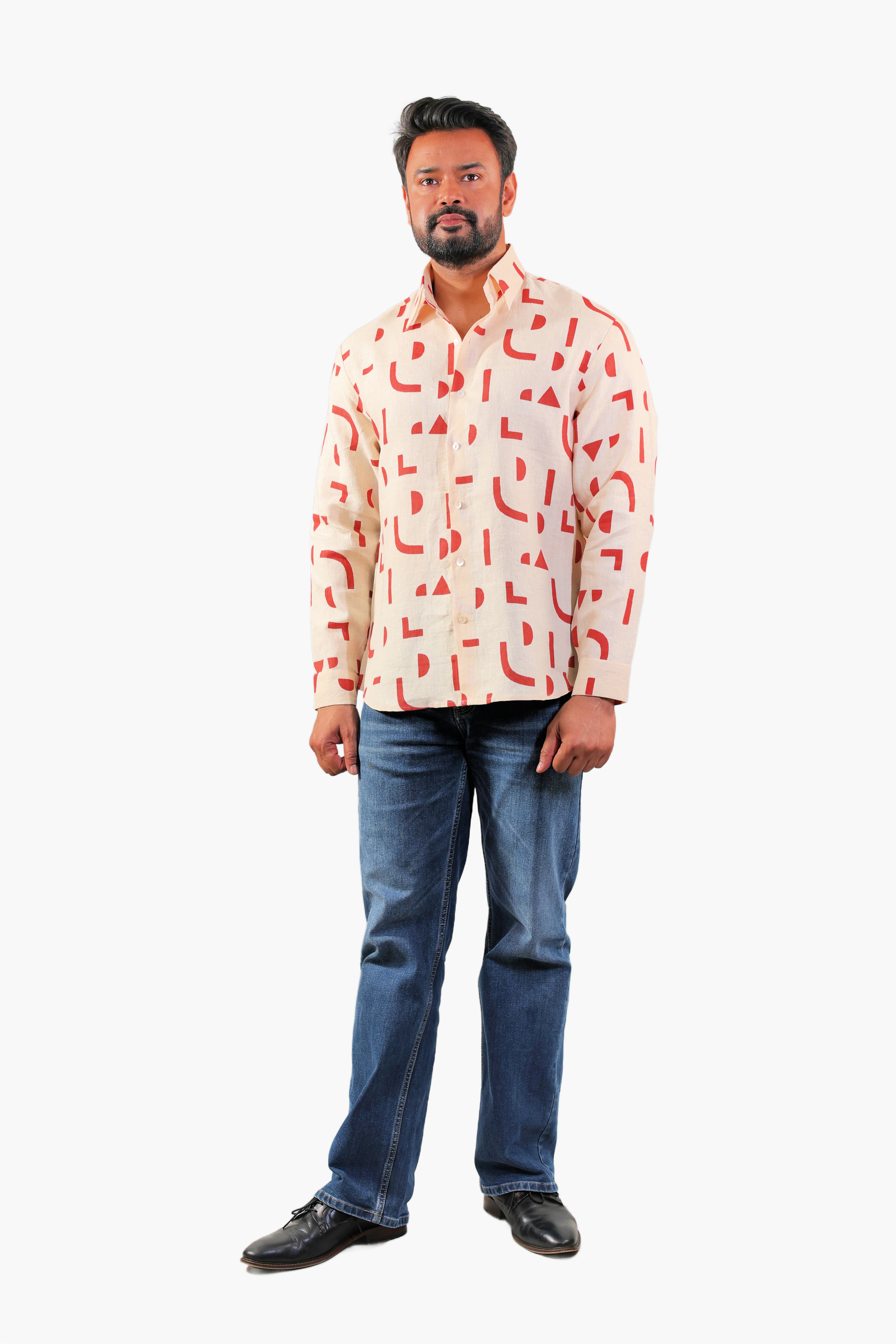 THE REKH Men’s 100% Pure Linen Geometric Print Full Sleeve Shirt with Collar