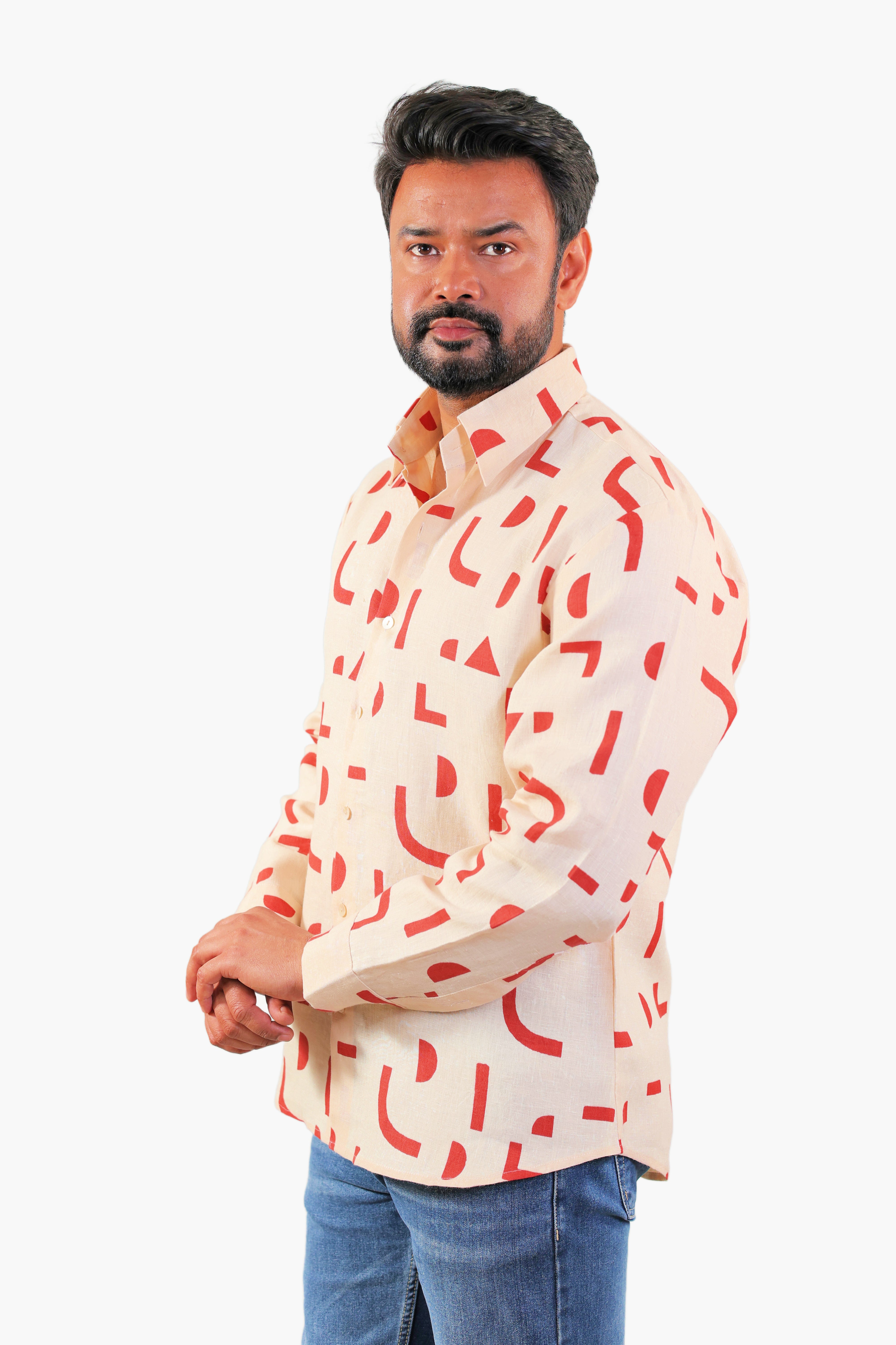 THE REKH Men’s 100% Pure Linen Geometric Print Full Sleeve Shirt with Collar