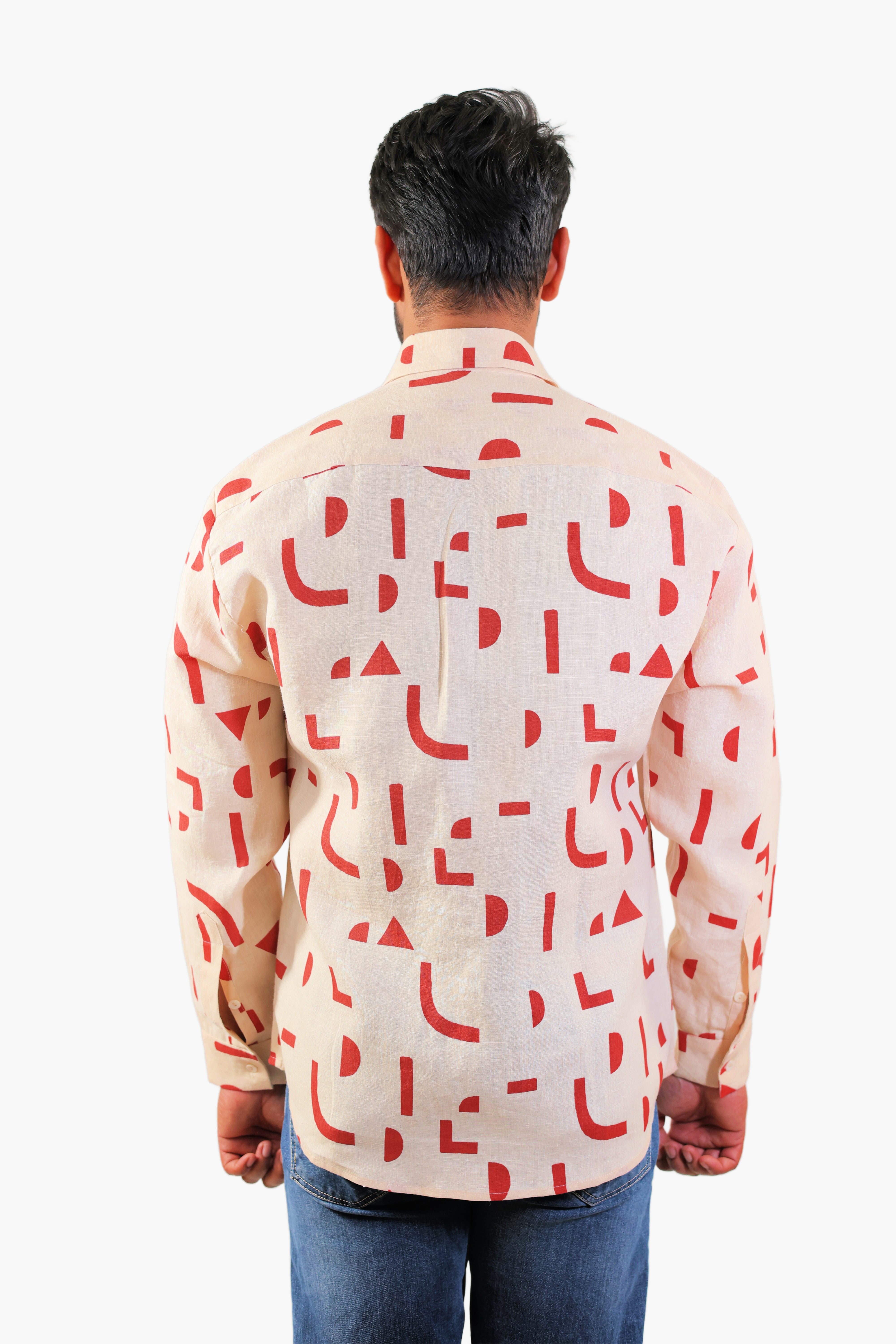 THE REKH Men’s 100% Pure Linen Geometric Print Full Sleeve Shirt with Collar