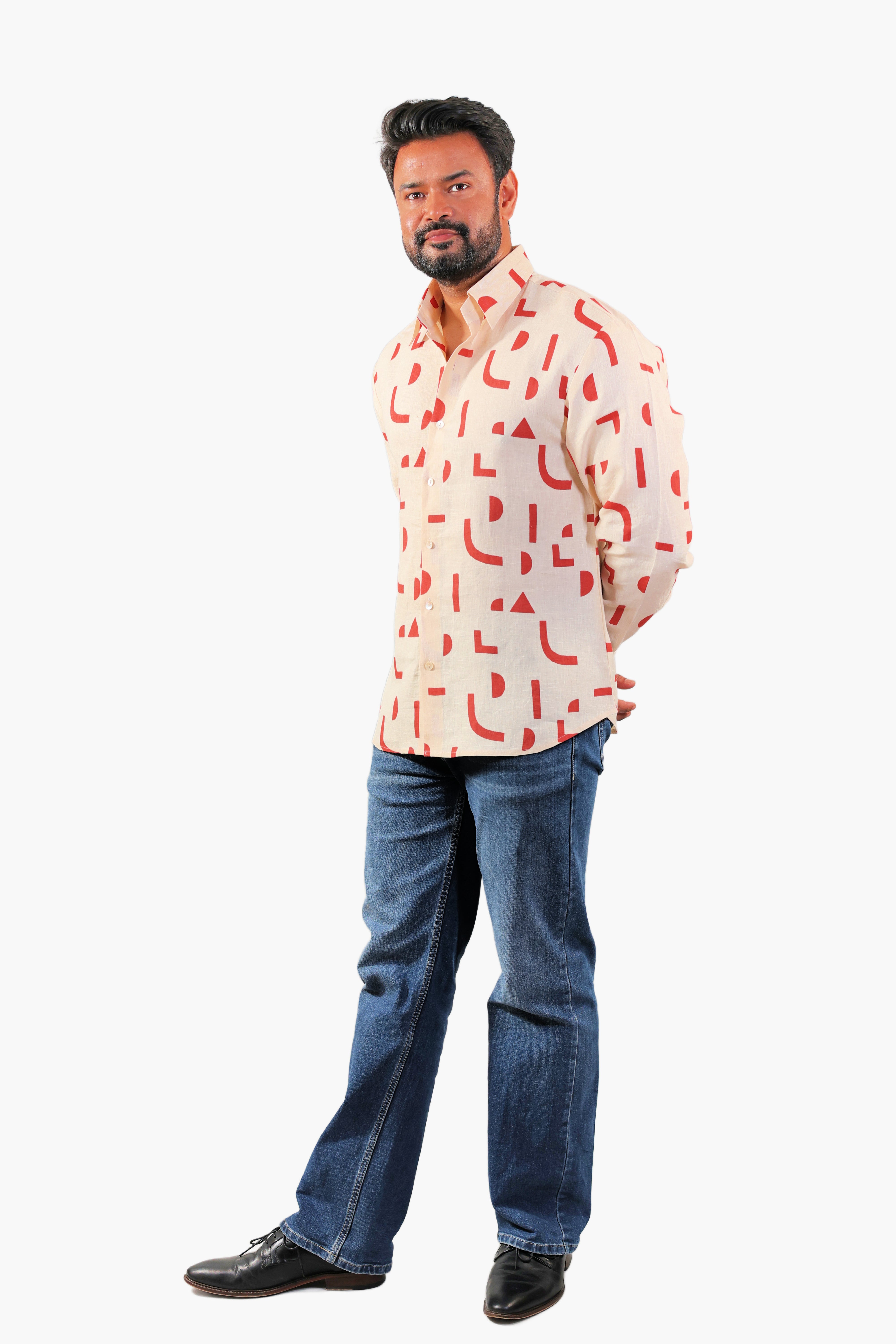 THE REKH Men’s 100% Pure Linen Geometric Print Full Sleeve Shirt with Collar