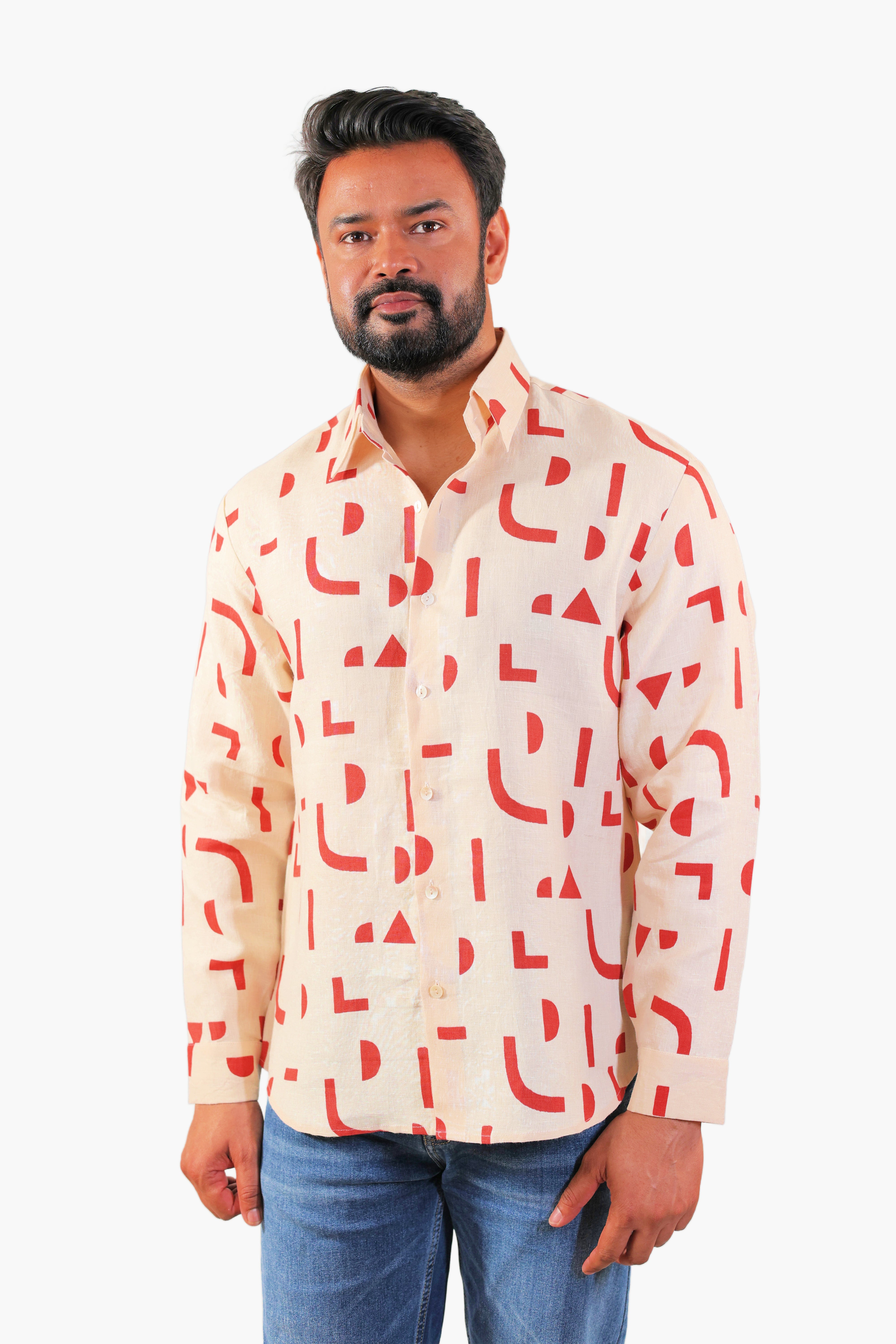 THE REKH Men’s 100% Pure Linen Geometric Print Full Sleeve Shirt with Collar