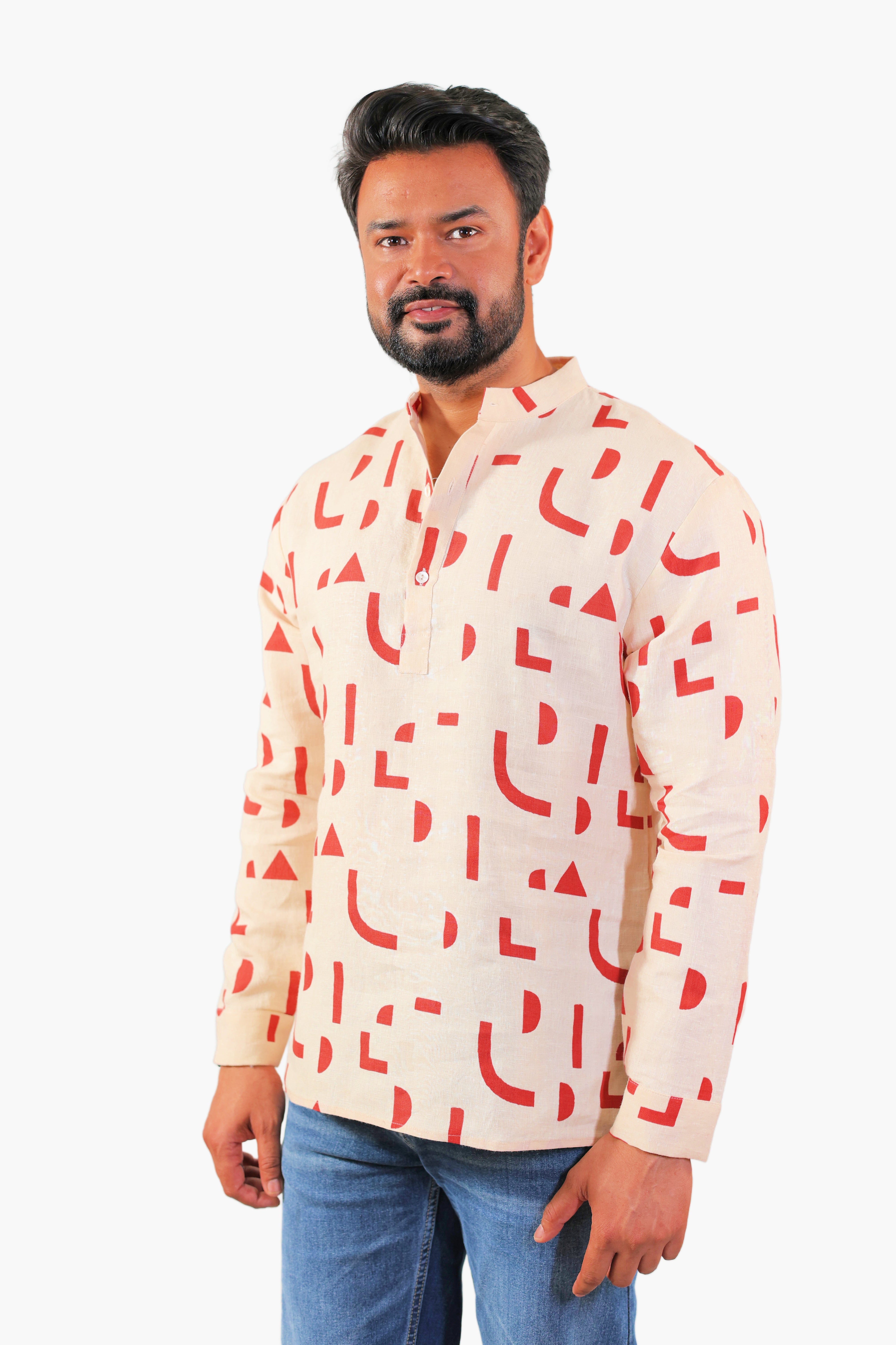 Full-sleeve short kurta rust geometric print