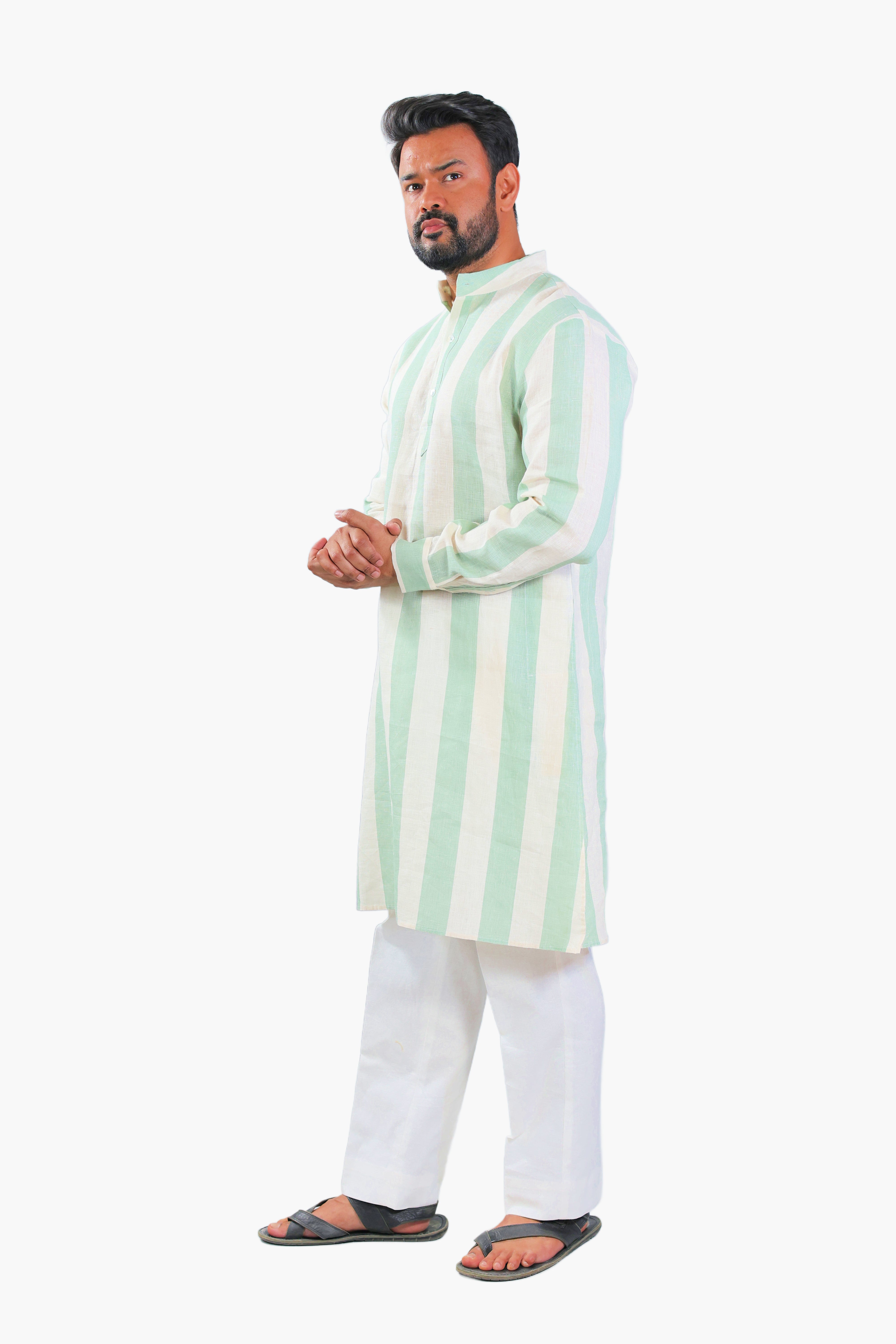 long light green botanical printed kurta pants set men