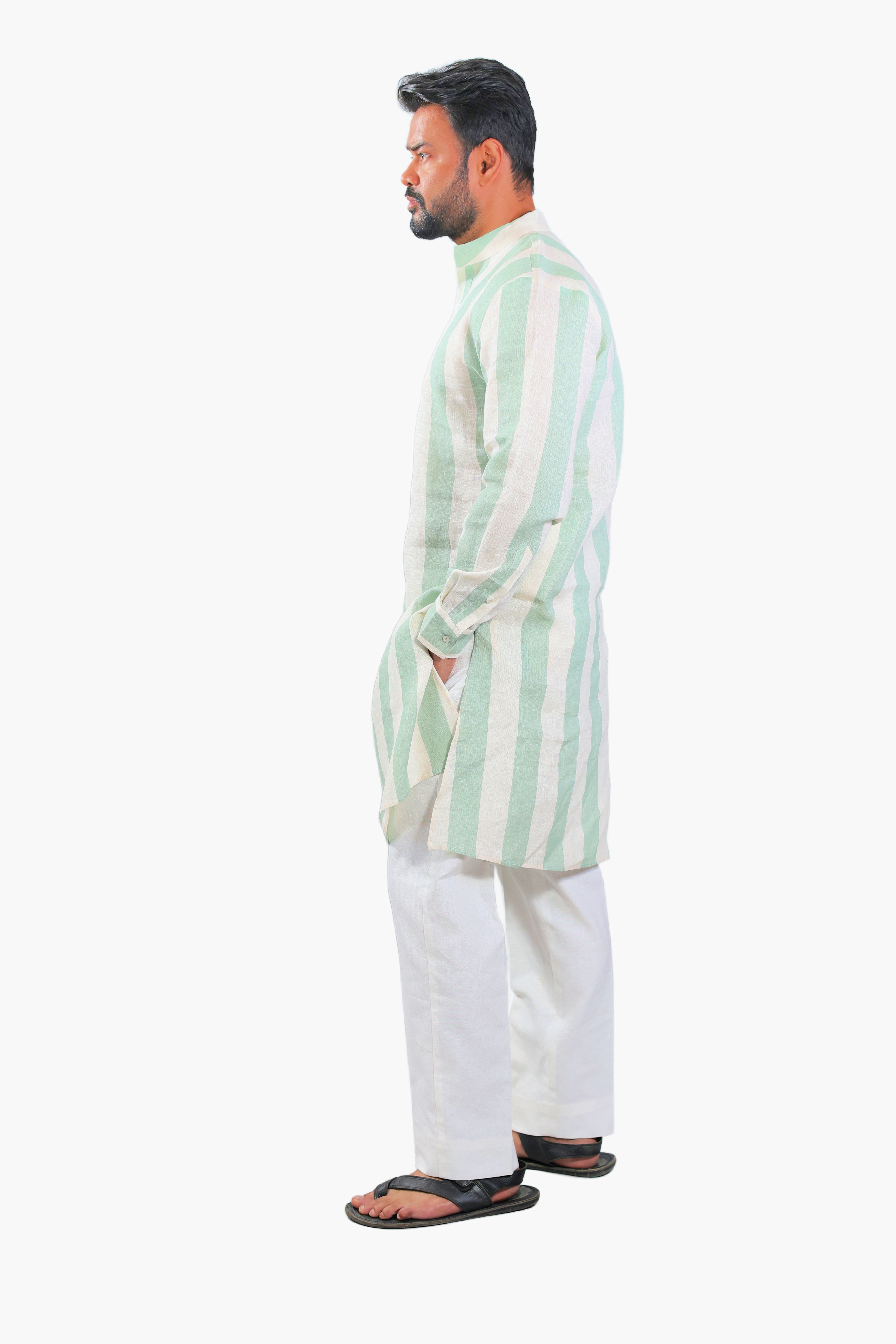 long light green botanical printed kurta pants set men