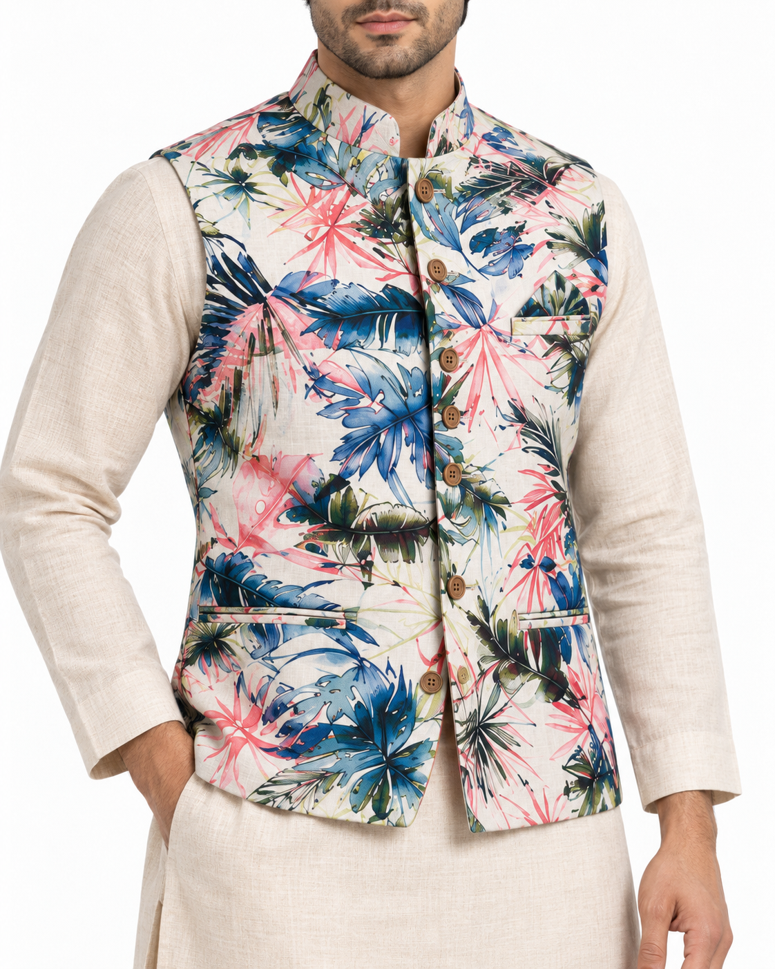 SouLin Printed Linen Nehru Jacket