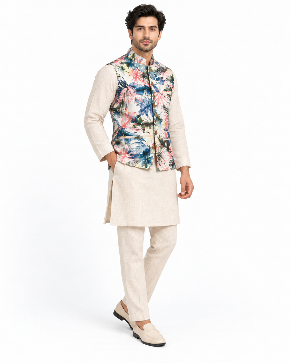 SouLin Printed Linen Nehru Jacket