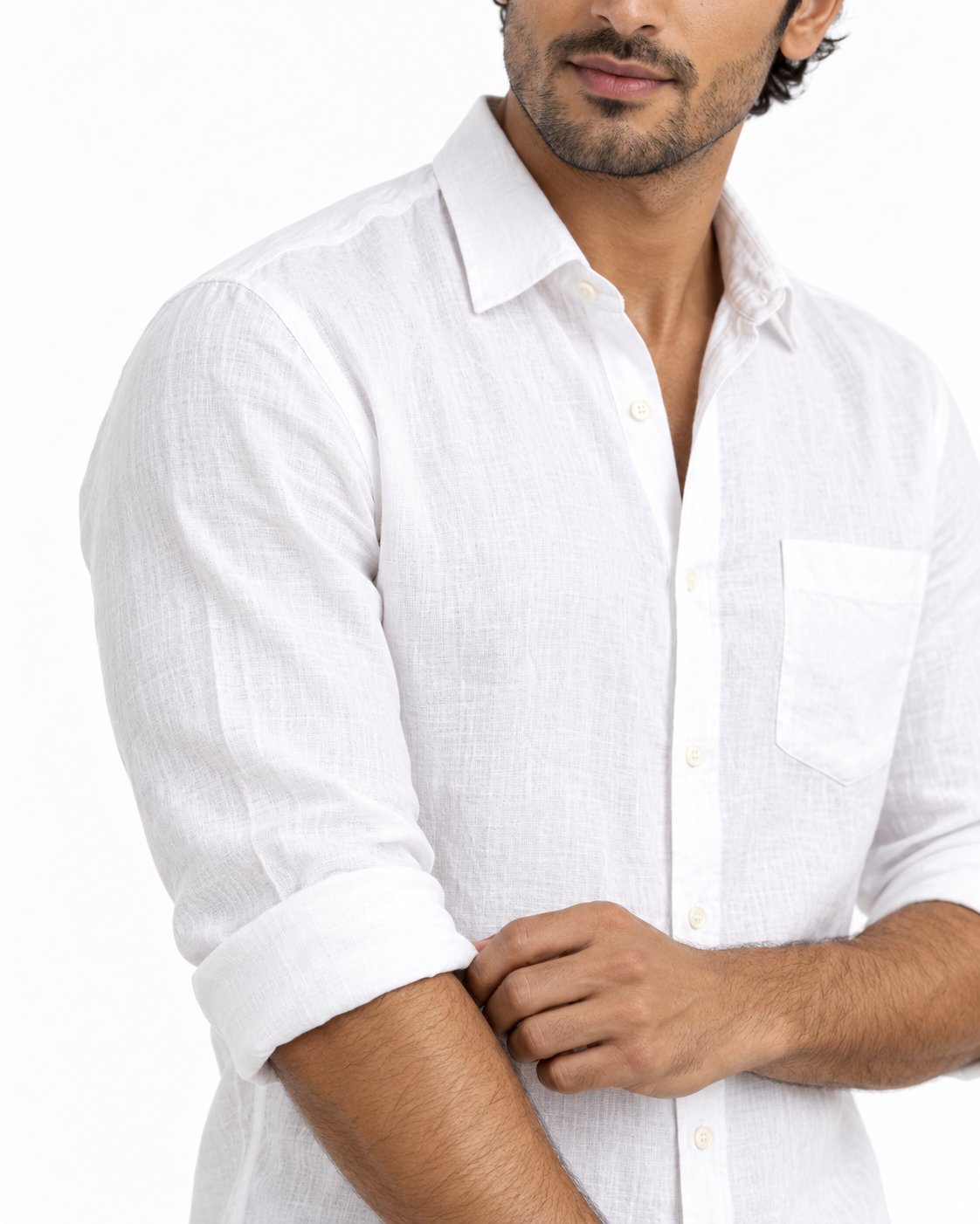 Yuvarāja white linen shirt sleeve and cuff detail