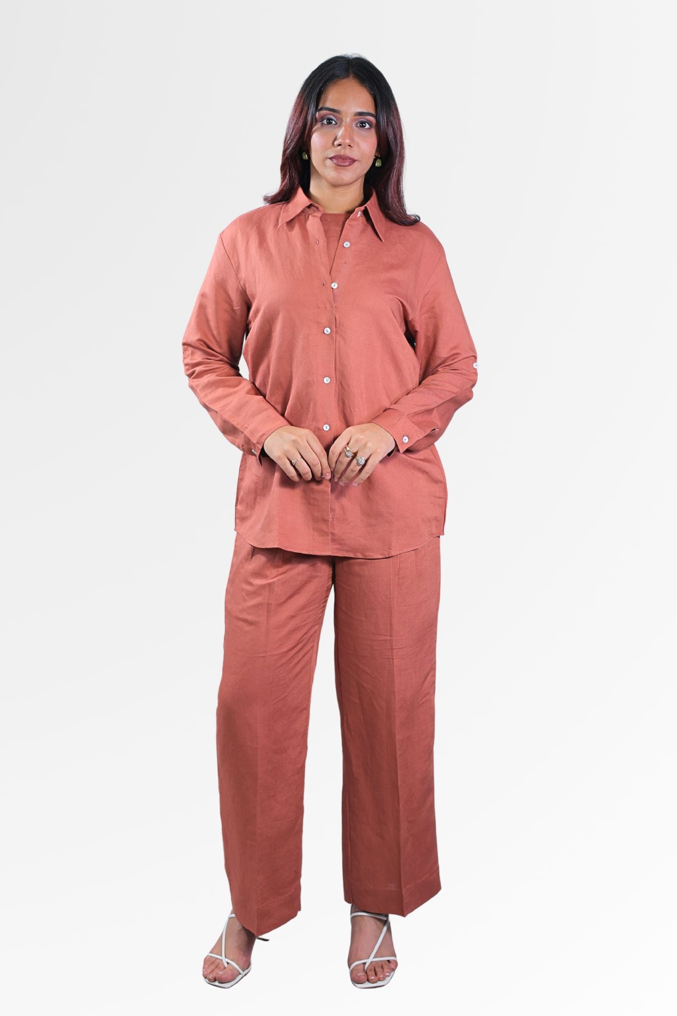3-Piece Linen Co-Ord Set for Women | Relaxed Fit Shirt, Inner & Pants