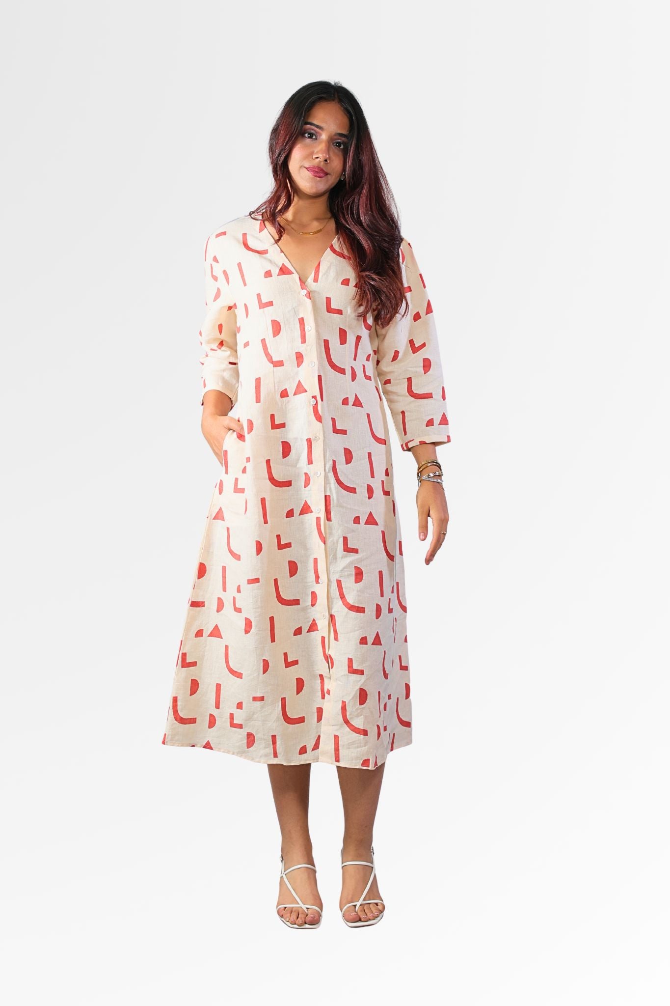 classic cream geometric printed Linen dress for women