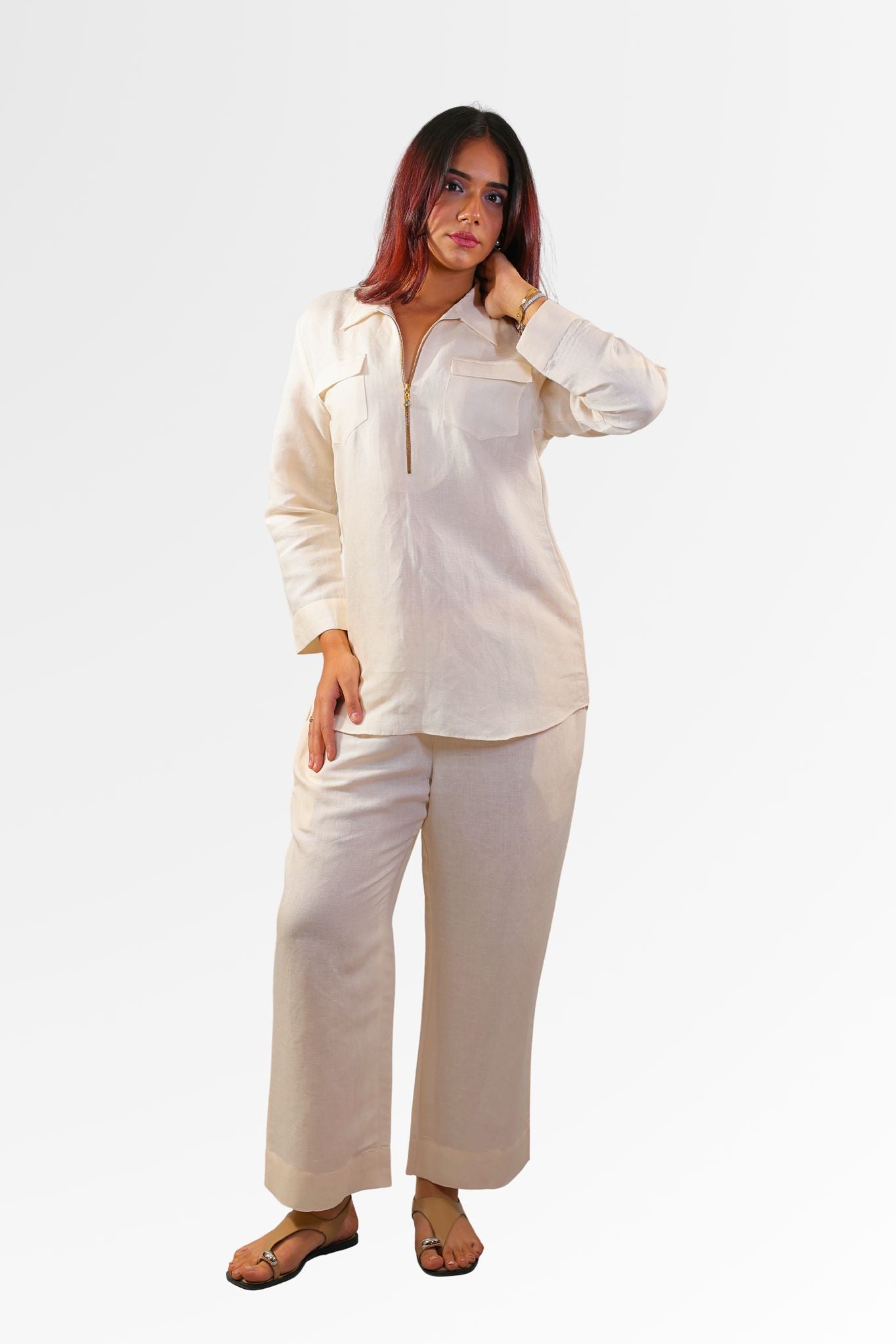Aroho Cream Linen Shirt Pant Co-ord Set for Women
