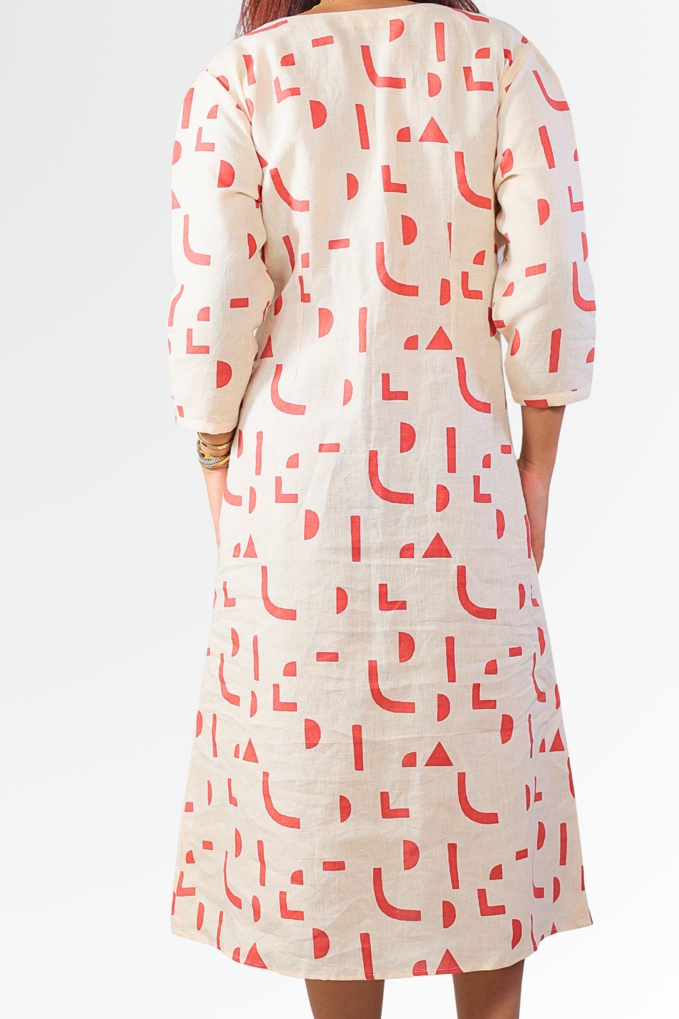 classic cream geometric printed Linen dress for women