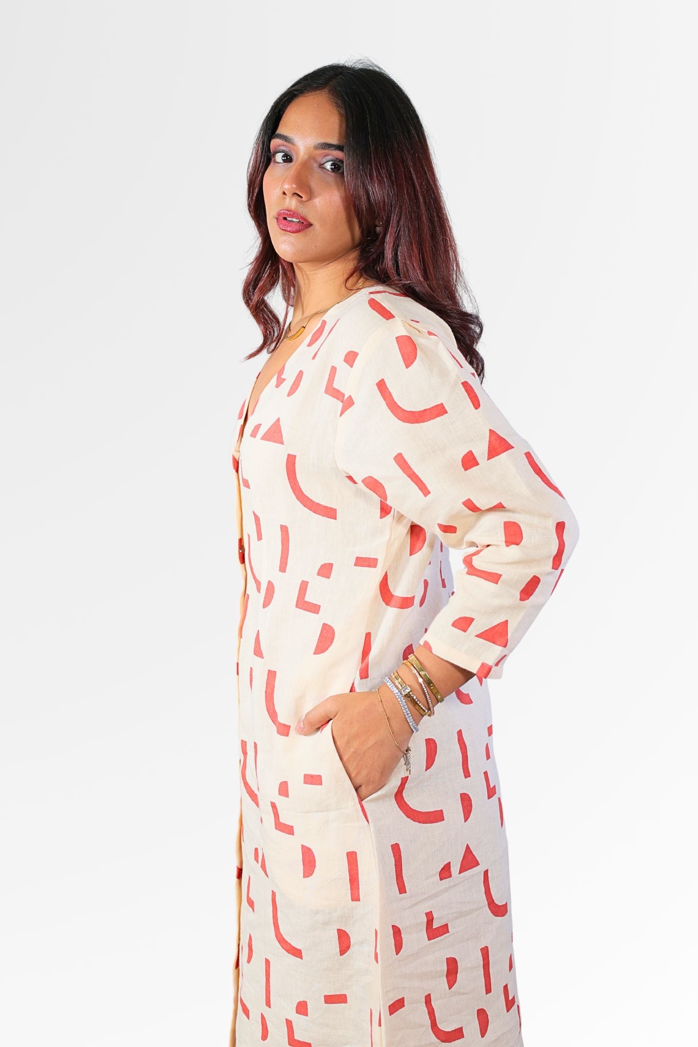 classic cream geometric printed Linen dress for women