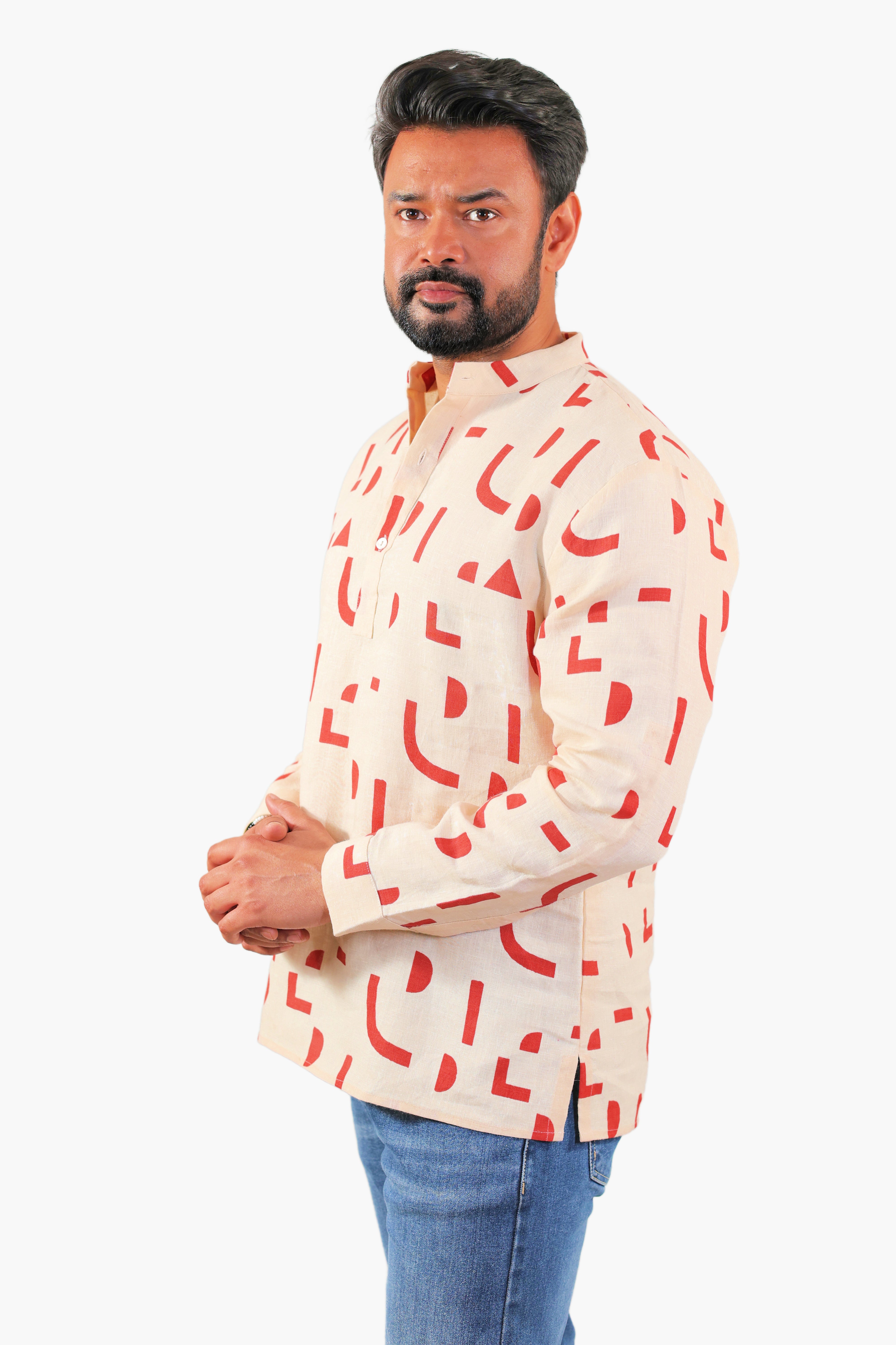 Full-sleeve short kurta rust geometric print