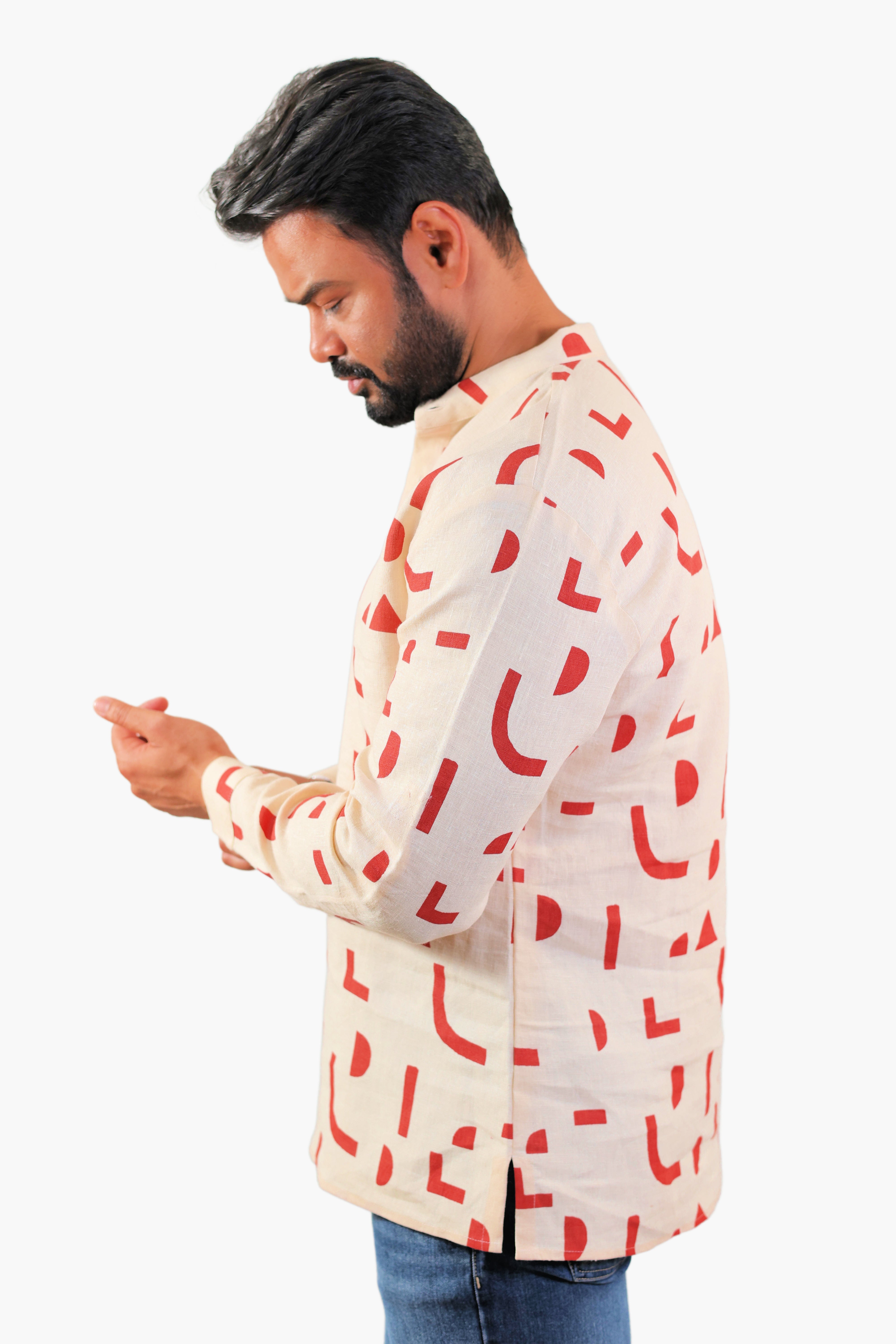 Full-sleeve short kurta rust geometric print