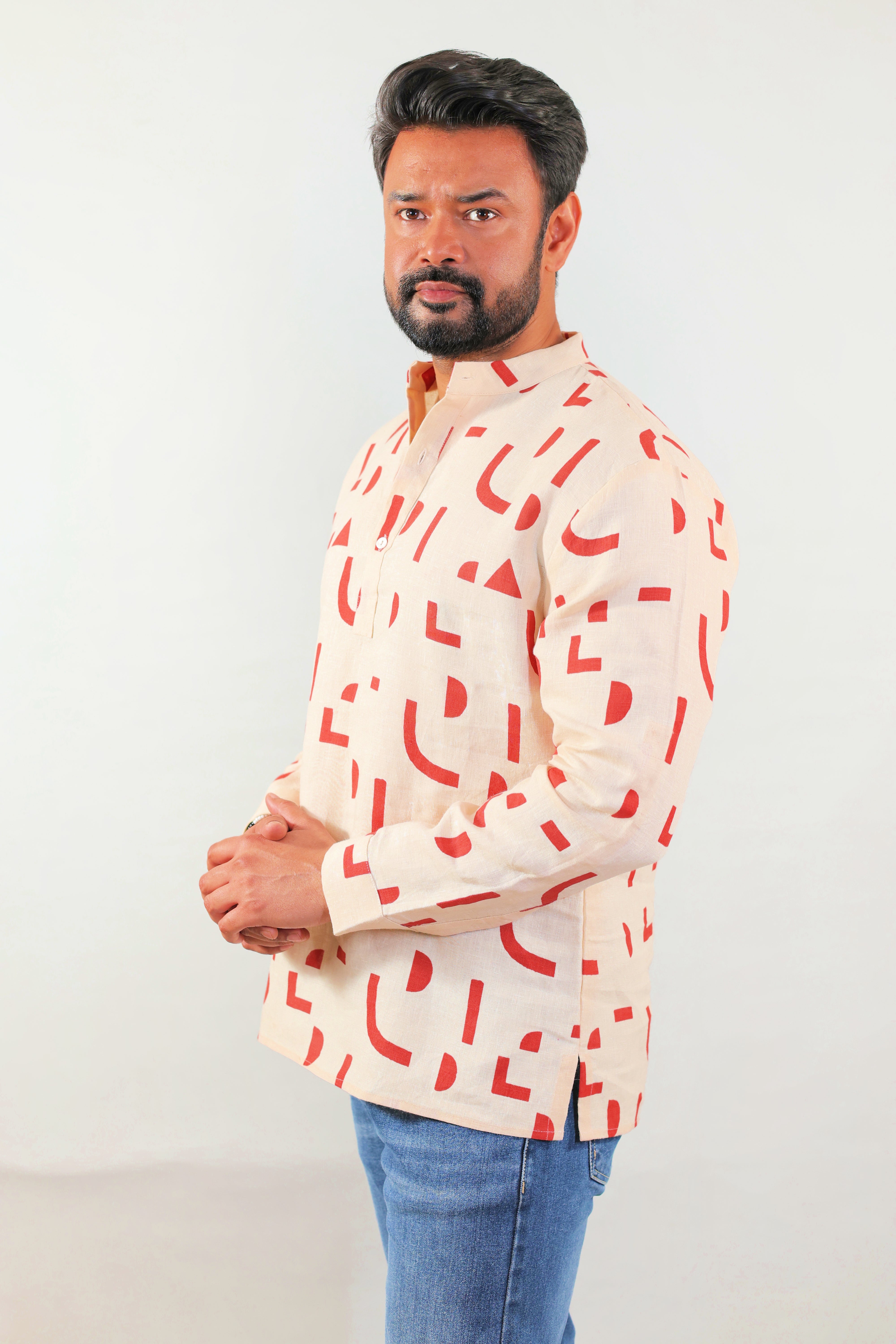 Full-sleeve short kurta rust geometric print