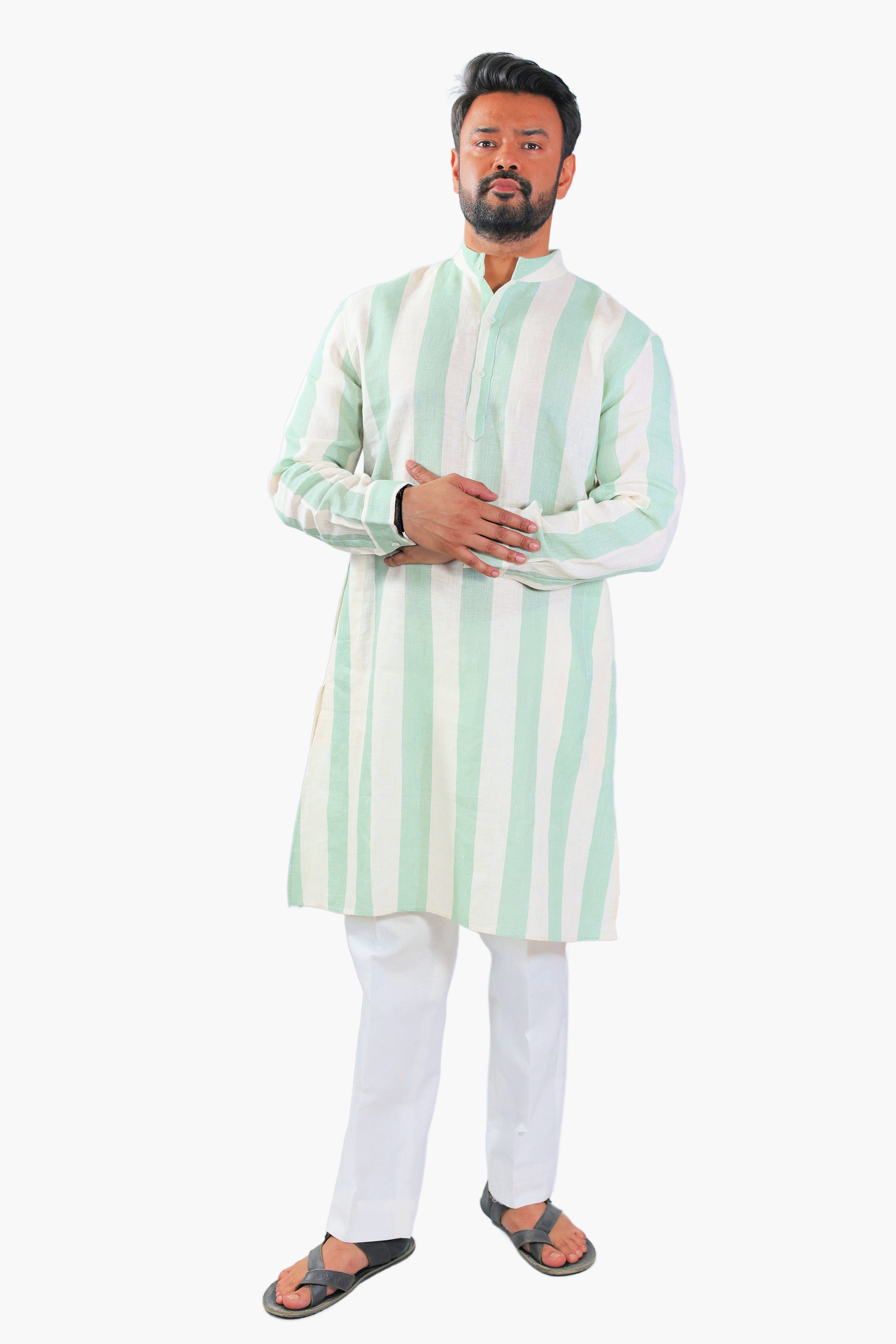 long light green botanical printed kurta pants set men