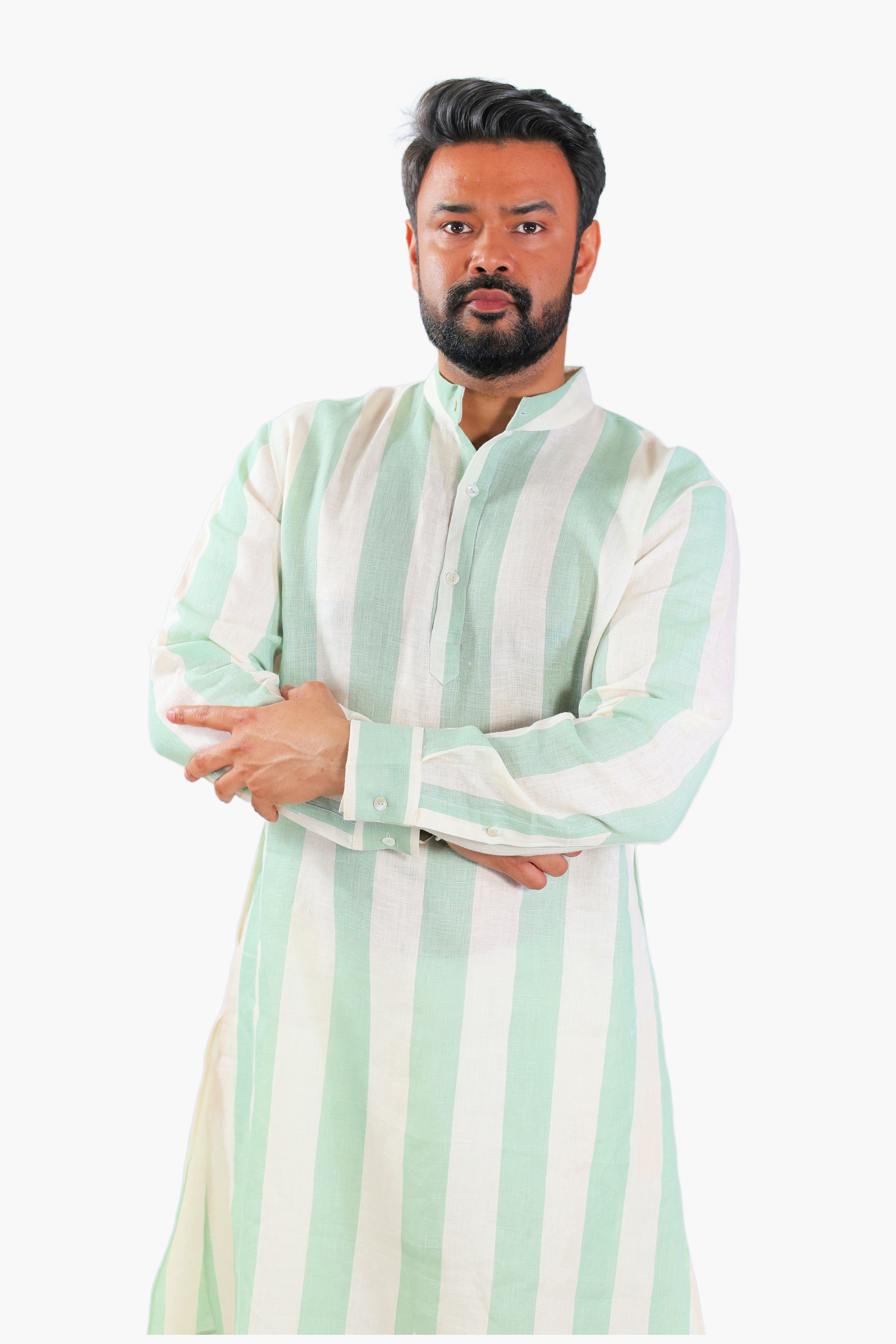 long light green botanical printed kurta pants set men