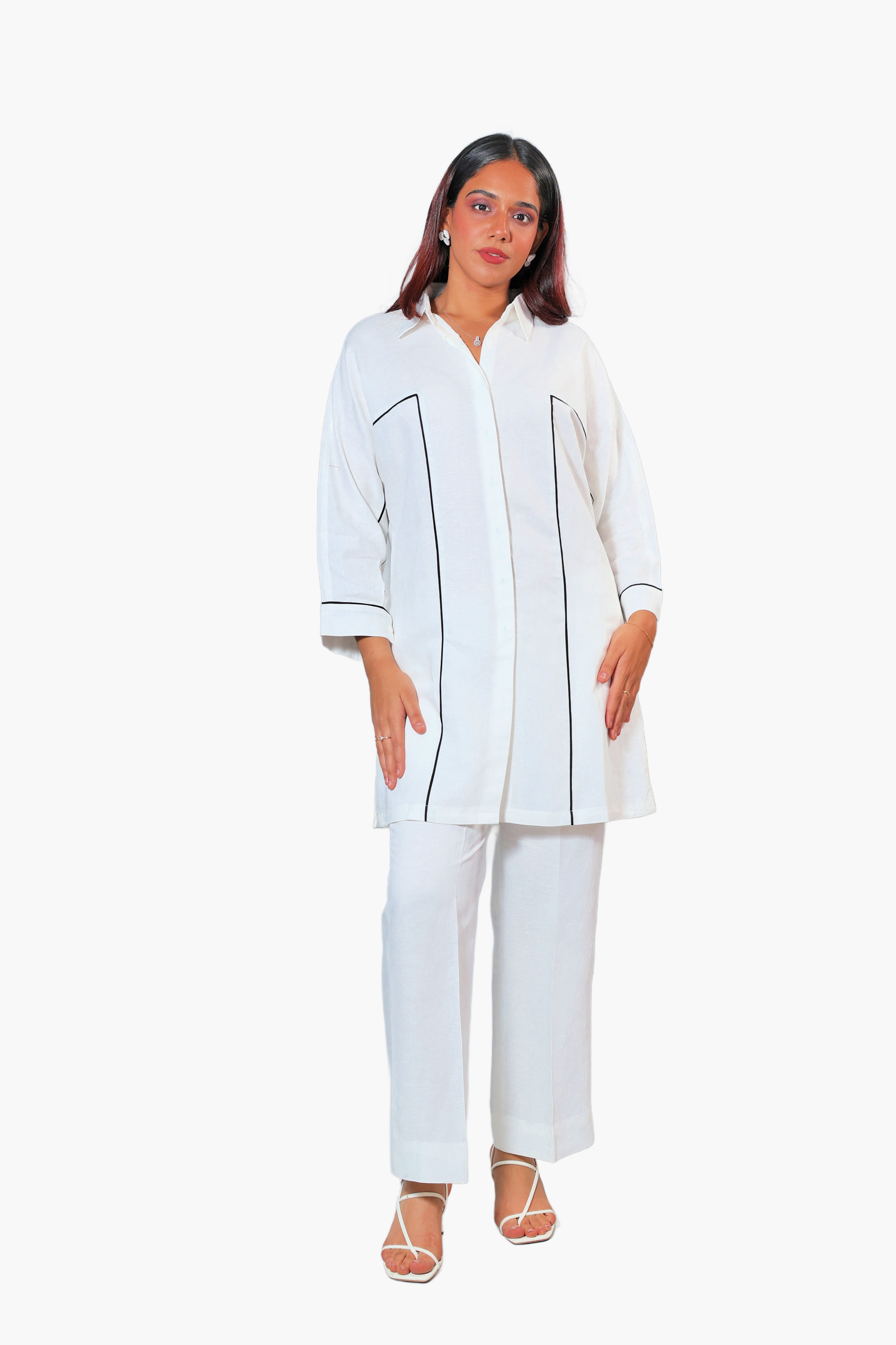 chandani raat linen white with black boarder kurta pants set for women