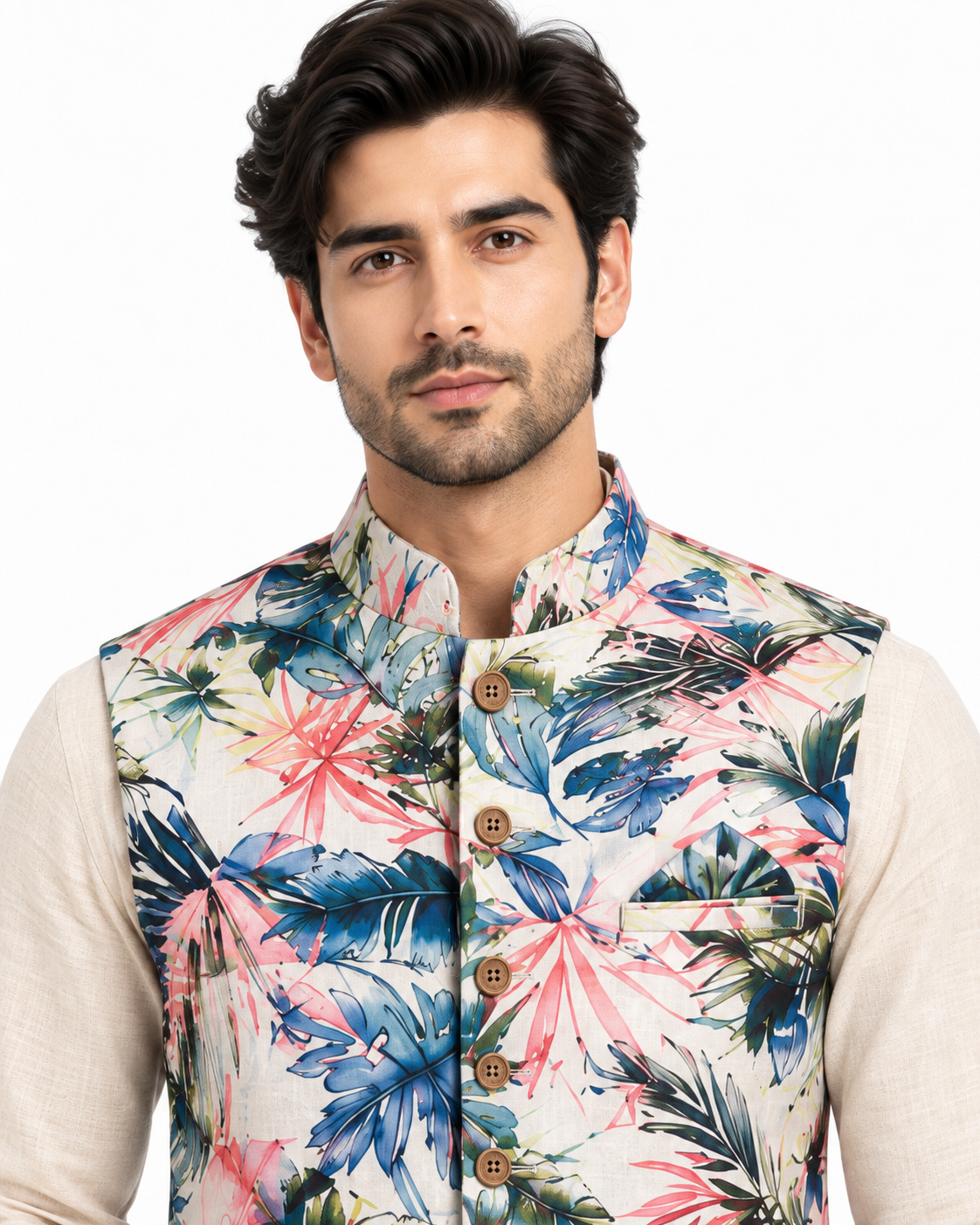 SouLin Printed Linen Nehru Jacket