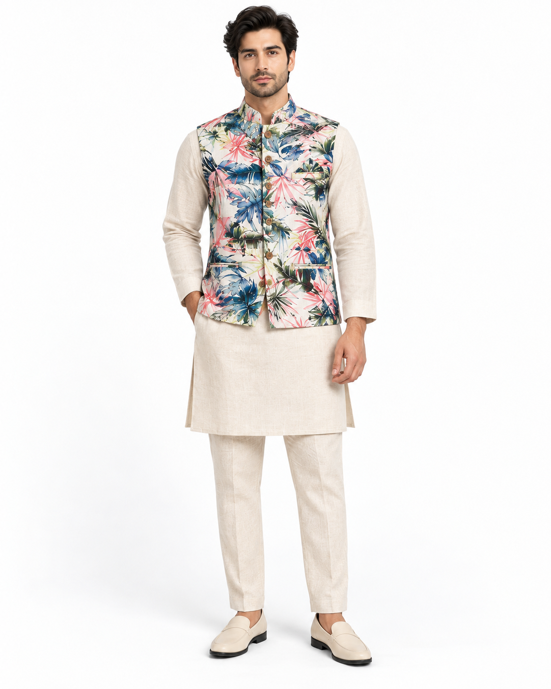 SouLin Colorful Leaves Print Nehru Jacket