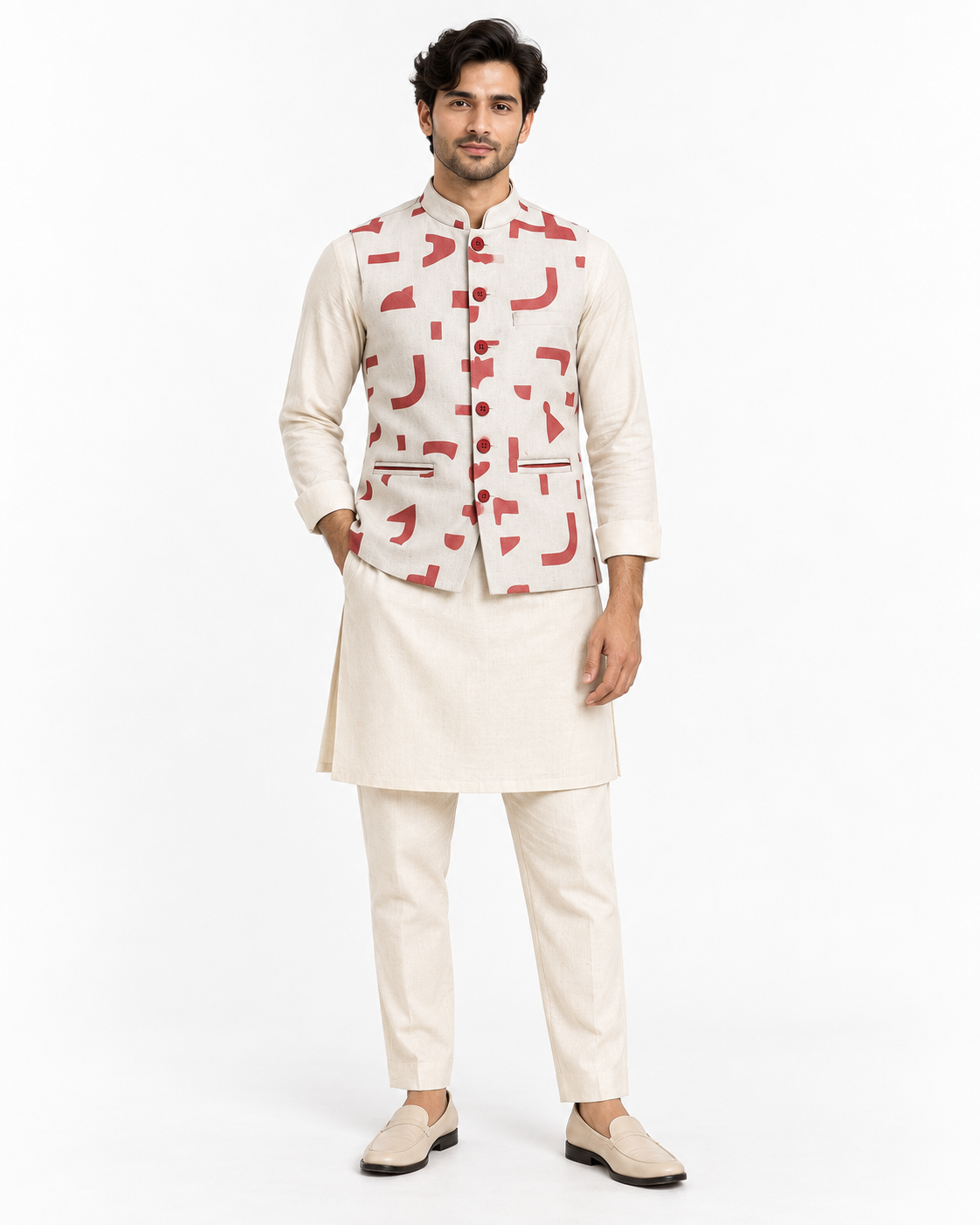 SouLin Red Print Nehru Jacket