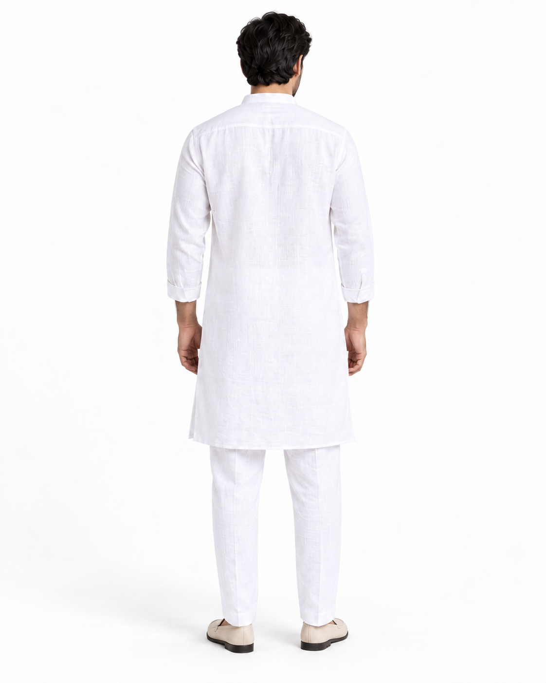 SouLin white linen kurta pant set back view