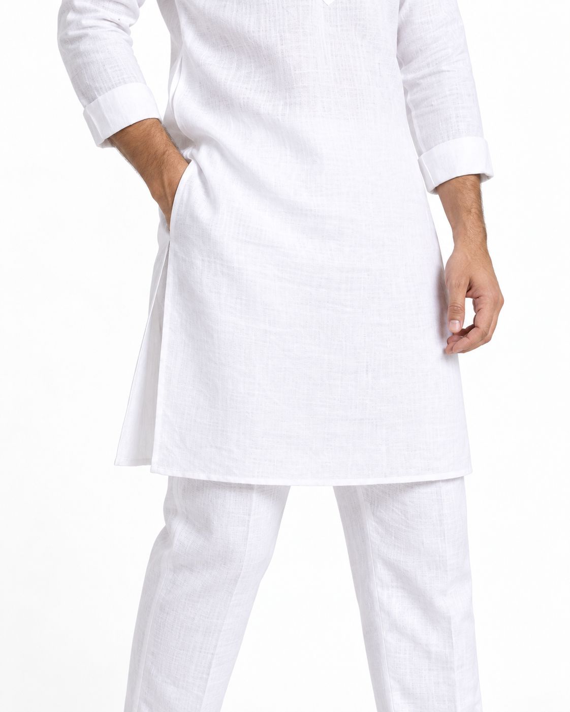 SouLin white linen kurta pant set detail view