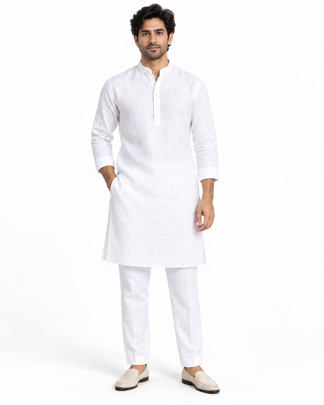 SouLin white linen kurta pant set front view